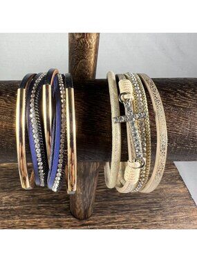 Gold & Silver Crystal Wrap Bracelets Set With Cross & Bar Accents Adjustable Fit